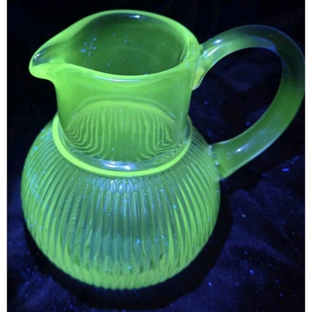 Glass Ribbed Ball Pitcher 1930s Hand Blown Purple 365nm UV Manganese Glow 6"